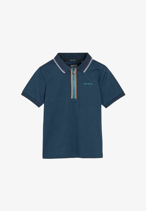 Navyblauw polo-shirt met korte mouwen, contrasterende ritssluiting, veelkleurige gestreepte accenten op de kraag en ritssluiting, en geborduurd logo.