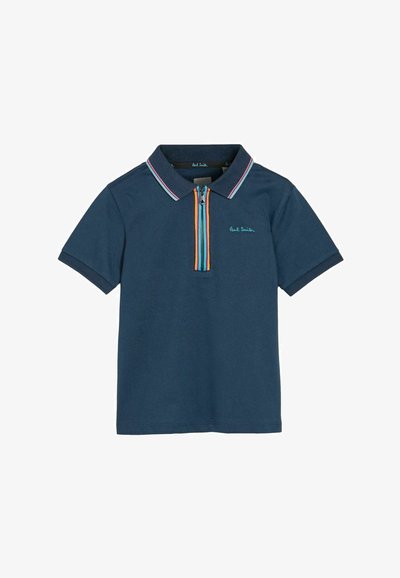 Tengerészkék polo póló rövid ujjal, kontrasztos cipzárral, több színű csíkos díszítéssel a galléron és a cipzáron, valamint hímzett logóval.