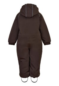 Monoski aislante marrón con capucha, puños elásticos y tirantes para los pies. Presenta costuras grises contrastantes y un corte relajado para mayor comodidad.