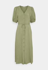 Olivengrün Midi-Kleid mit V-Ausschnitt, Puffärmeln, durchgehender Knopfleiste, Taillenknoten und glatter Stoffstruktur.