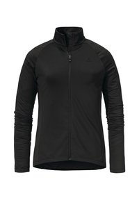Schwarze Sportjacke mit vollem Reißverschluss, hohem Kragen und langen Ärmeln. Sie hat eine glatte Textur und kontrastierende Schulterpaneele.