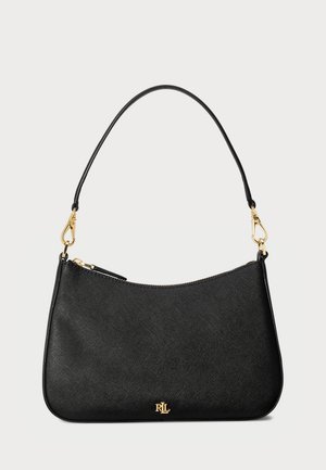 Czarna skórzana torebka na ramię z teksturowanym wykończeniem, złotymi klamrami, zamkiem błyskawicznym oraz małym, złotym logo RLL na przodzie.