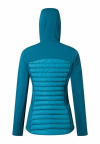 Gevoerde teal jas met een gladde, gewatteerde textuur op de rug en een verticale geribbelde design op de mouwen en het bovenste deel van de rug.