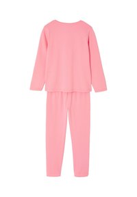 Long-sleeve pink top and matching pants, laid flat showing the back, made of soft fabric suitable for pajamas or loungewear.