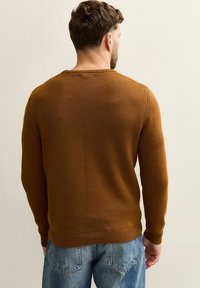 Brown knit sweater with a textured pattern, round neckline, ribbed cuffs and hem, worn over blue jeans. Visible from the back.