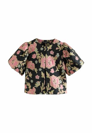 Schwarze Blumenkos jacket mit kurzen Puffärmeln, die rosa und grüne Blumenmuster auf einem strukturierten Stoff zeigt. Mit Öffnung in der Mitte vorne.