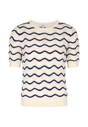 Crèmekleurige kortärmelig gebreide top met marineblauwe golvende strepen en ajourpatroon, voorzien van een ronde halslijn en geribde zoom en manchetten.