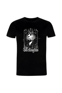 Černé bavlněné tričko s grafickým motivem kostlivce v obleku, orámované dekorativními prvky, a nápisem „Jack Skellington“.