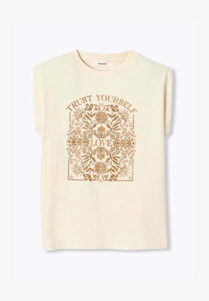 Débardeur couleur crème avec un motif floral marron et le texte « FAIS CONFIANCE À TOI » en haut et « AMOUR » au centre.