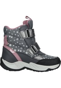 Stivali per bambini grigi e rosa con un motivo a pois, realizzati in materiali sintetici. Presentano strap in Velcro e una suola in gomma testurizzata.