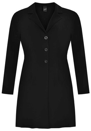 Manteau noir au design structuré, à manches longues et col cranté. Il possède cinq boutons sur le devant, fabriqué dans un tissu lisse.