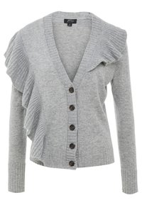 Cárdigan gris con escote en V, puños de manga acanalados y un volante en la parte frontal izquierda. Cuenta con cinco botones oscuros a lo largo del centro.