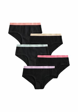 Cinque slip neri da donna con fascia elastica in vita in diversi colori pastello tra cui rosa, crema, celeste, corallo e lavanda.
