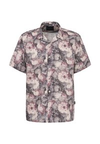 Kurzärmliges Hemd mit floralen Motiven in Grautönen, Rosa und Weiß. Hergestellt aus strukturiertem Stoff mit Knopfleiste und Kragen.