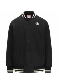 Giacca nera con zip e colletto e polsini a coste bianchi. Presenta tasche laterali e un piccolo logo Kappa sul petto. Texture liscia.