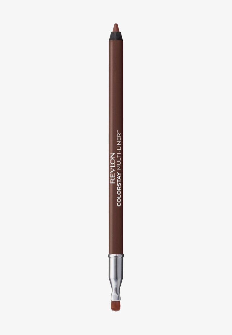 Crayon multi-liner marron avec une pointe fine et un design rétractable. Dispose d'un pinceau estompeur de couleur argentée à une extrémité.