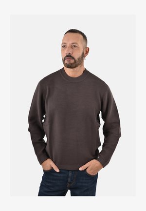 Maglione marrone a girocollo con texture a coste e maniche lunghe, abbinato a jeans blu scuro. Il maglione presenta una vestibilità comoda e linee sottili.