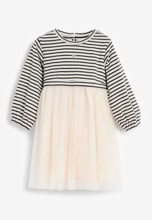 Robe à manches longues pour tout-petit avec haut rayé horizontal noir et blanc, petit détail étoile, et jupe en tulle beige clair.