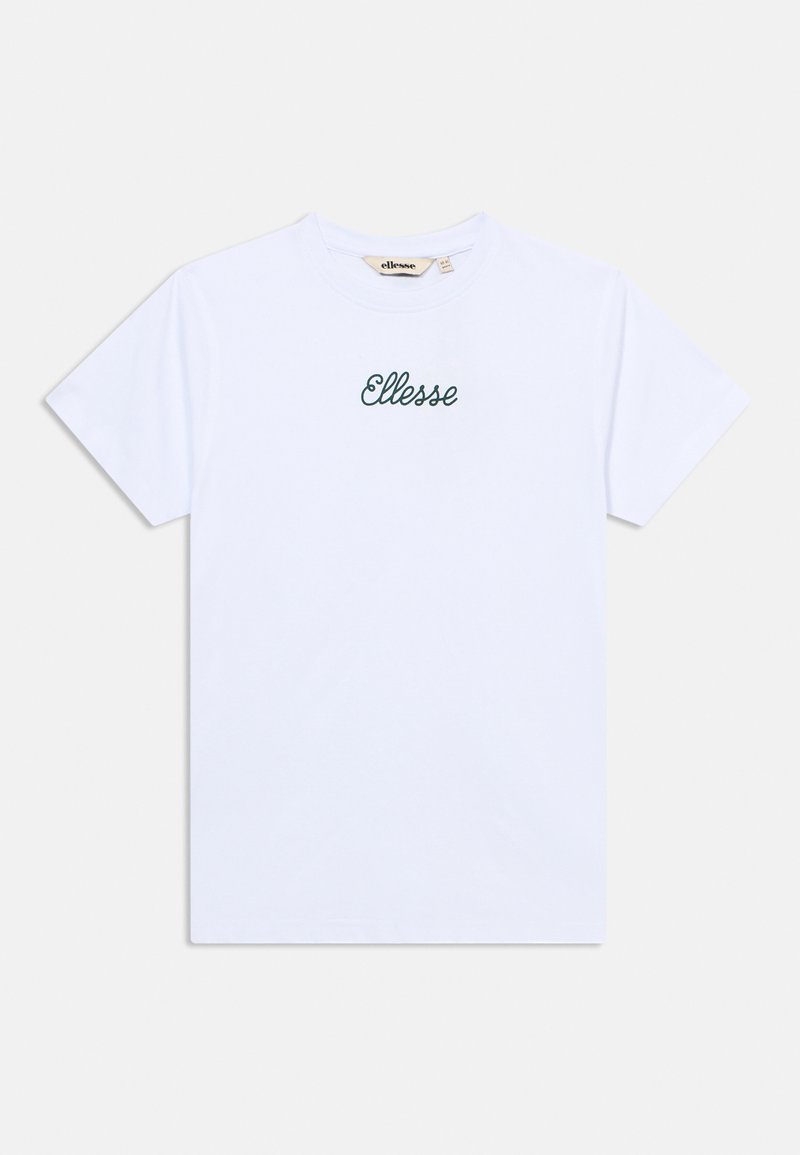 Λευκό κοντομάνικο T-shirt με στρογγυλή λαιμόκοψη, με το λογότυπο "Ellesse" σε πράσινη γραφή με καλλιγραφικά γράμματα, κεντραρισμένο στο στήθος.