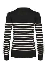 Maglione a maniche lunghe a righe bianche e nere, con colletto, polsini e orlo a coste. Texture liscia con righe orizzontali.