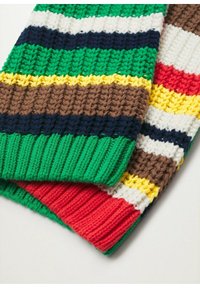 Knit scarf with alternating stripes in green, brown, navy, yellow, red, and white. Features a ribbed texture and soft yarn material.