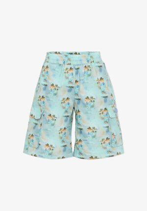 Shorts cargo bleu clair avec taille élastique, poches latérales et imprimé de palmiers en tons verts et orange.