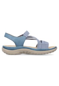 Blaue Sandalen mit strukturierten, geflochtenen Riemen, einer bequemen, konturierten Fußsohle und einer flexiblen Gummisohle. Mit einem hinteren Riemen für zusätzlichen Halt.