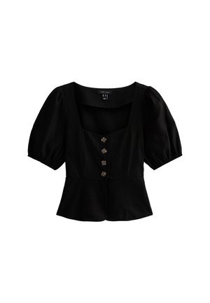 Schwarze Bluse mit kurzen Puffärmeln, quadratischem Ausschnitt, fünf Knöpfen vorne und leicht ausgestelltem Saum.