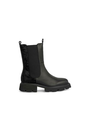 Black leather ankle boots with elastic side panels, textured black accents, and rugged sole. Features pull tabs for easy on/off.