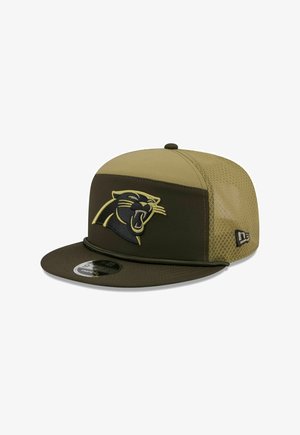 Olive green baseball cap with a flat brim, mesh sides, and a black panther logo on the front. Features a stitched accent and logo badge.