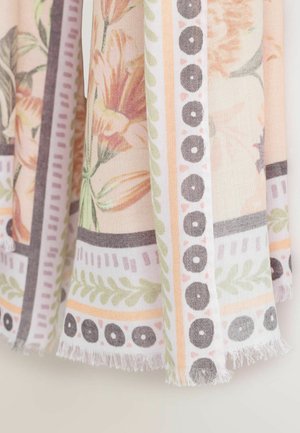 Virágmintás szövet, rózsaszín liliomokkal, zöld levelekkel és levendula, krém és világos narancssárga geometriai keretekkel, foszlott szélű.