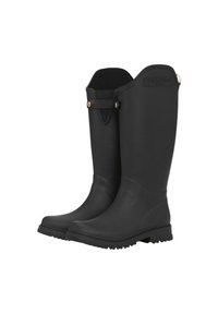 Czarne gumowe kalosze o wysokim fasonie, z teksturowaną powierzchnią i akcentem w postaci paska na górnej części. Wytrzymała podeszwa z bieżnikiem.