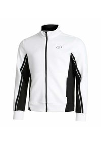 Giacca zip-up bianca e nera con colletto alto, tasche laterali e strisce a contrasto lungo le maniche. Realizzata in tessuto liscio.