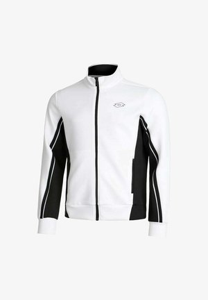 Giacca zip-up bianca e nera con colletto alto, tasche laterali e strisce a contrasto lungo le maniche. Realizzata in tessuto liscio.