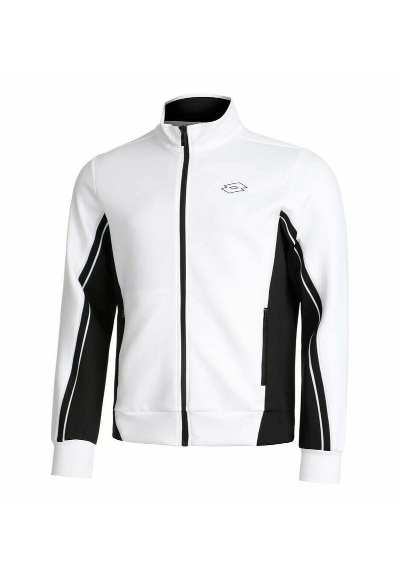 Giacca zip-up bianca e nera con colletto alto, tasche laterali e strisce a contrasto lungo le maniche. Realizzata in tessuto liscio.