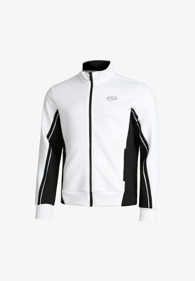 Giacca zip-up bianca e nera con colletto alto, tasche laterali e strisce a contrasto lungo le maniche. Realizzata in tessuto liscio.