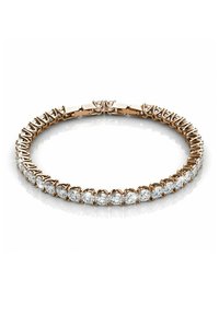 Bracciale in oro rosa caratterizzato da una fila continua di gemme trasparenti tagliate a brillante; design a catena con chiusura sicura.