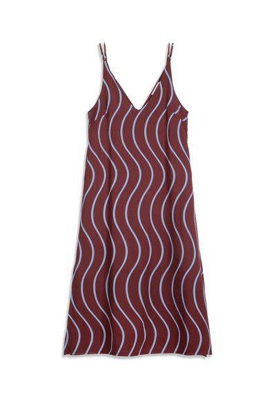 Robe marron sans manches avec fines bretelles et rayures verticales ondulées bleu clair, présentée à plat sur fond blanc.