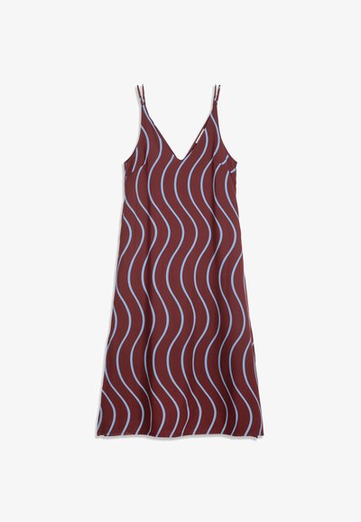 Robe marron sans manches avec fines bretelles et rayures verticales ondulées bleu clair, présentée à plat sur fond blanc.