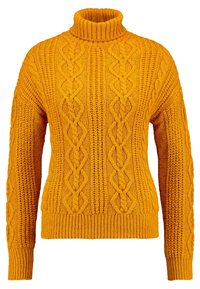 Kabelstrick-Turtleneck-Pullover in leuchtendem Senfgelb, mit einem dicken, strukturierten Muster sowie gerippten Bündchen und Saum.