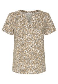 Top de manga corta con escote en V, que presenta un patrón floral en tonos marrones, blanco y negro sobre una tela suave. Ligero, con un corte relajado.