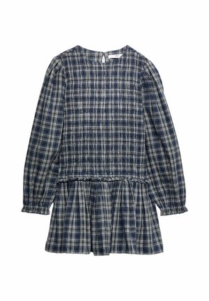 Abito a maniche lunghe a quadri blu navy e bianco con corpino arricciato, vita raggruppata e polsini arruffati.