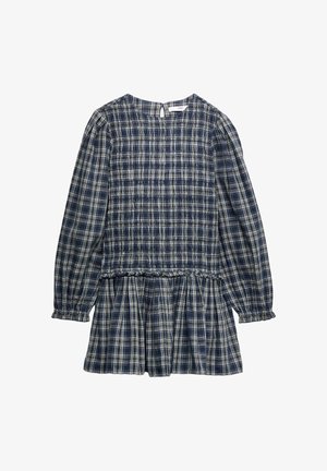 Abito a maniche lunghe a quadri blu navy e bianco con corpino arricciato, vita raggruppata e polsini arruffati.