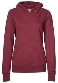 Bordowa bluza z kapturem z dekoltem w serek, kangurzą kieszenią, ściągaczami przy mankietach oraz bocznymi akcentami. Wykonana z miękkiego materiału.