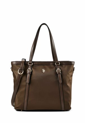Bolso tote de cuero marrón con doble asa, correa de hombro ajustable y un pequeño logo de caballo plateado en el centro delantero.