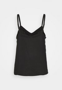 Sort tanktop med tynde justerbare stropper, v-hals design, blød stofstruktur og en løs pasform. Ingen synlige logoer eller mønstre.