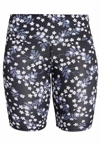 Czarne dopasowane szorty do kolan z małym wzorem białych i szarych kwiatków oraz wysokim stanem.
