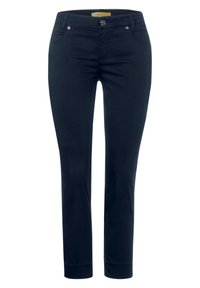 Pantalones de algodón elástico azul marino con un ajuste slim, que cuentan con bolsillos frontales, cierre de botón y detalles metálicos en la cintura.