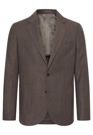 Rjav herringbone blazer z dvema gumboma, zarezo na ovratniku, dvema sprednjima žepoma in gladkim notranjim oblogo. Prilagojen kroj z dolgimi rokavi.