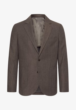 Brūns herringbone žakets ar diviem pogām, noliekamu atloku, divām priekšējām kabatām un gludu iekšējo oderējumu. Šaura piegriezuma ar garām piedurknēm.